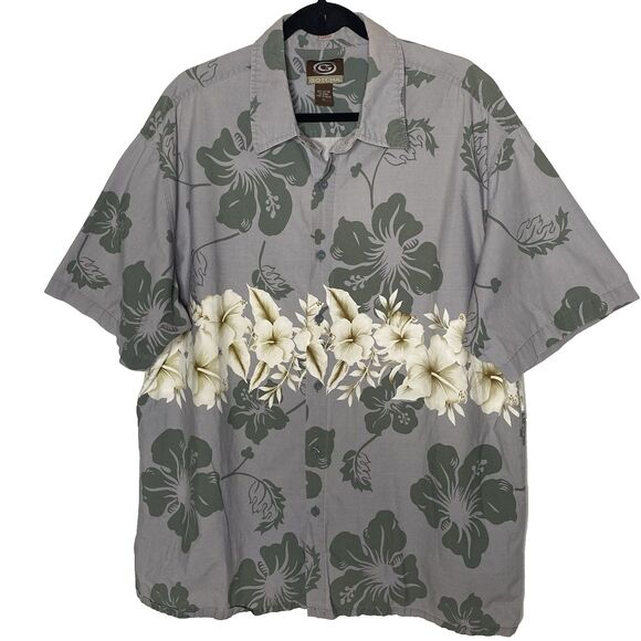 Gotcha Button Shirt Mens XL Vintage 80s 90s Hawaiian Floral Cotton Gray Green - Picture 1 of 6